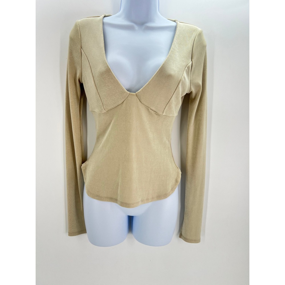 Intimately Free People XS Champagne Beige Shimmer Deep V-Neck Long Sleeve Top‎